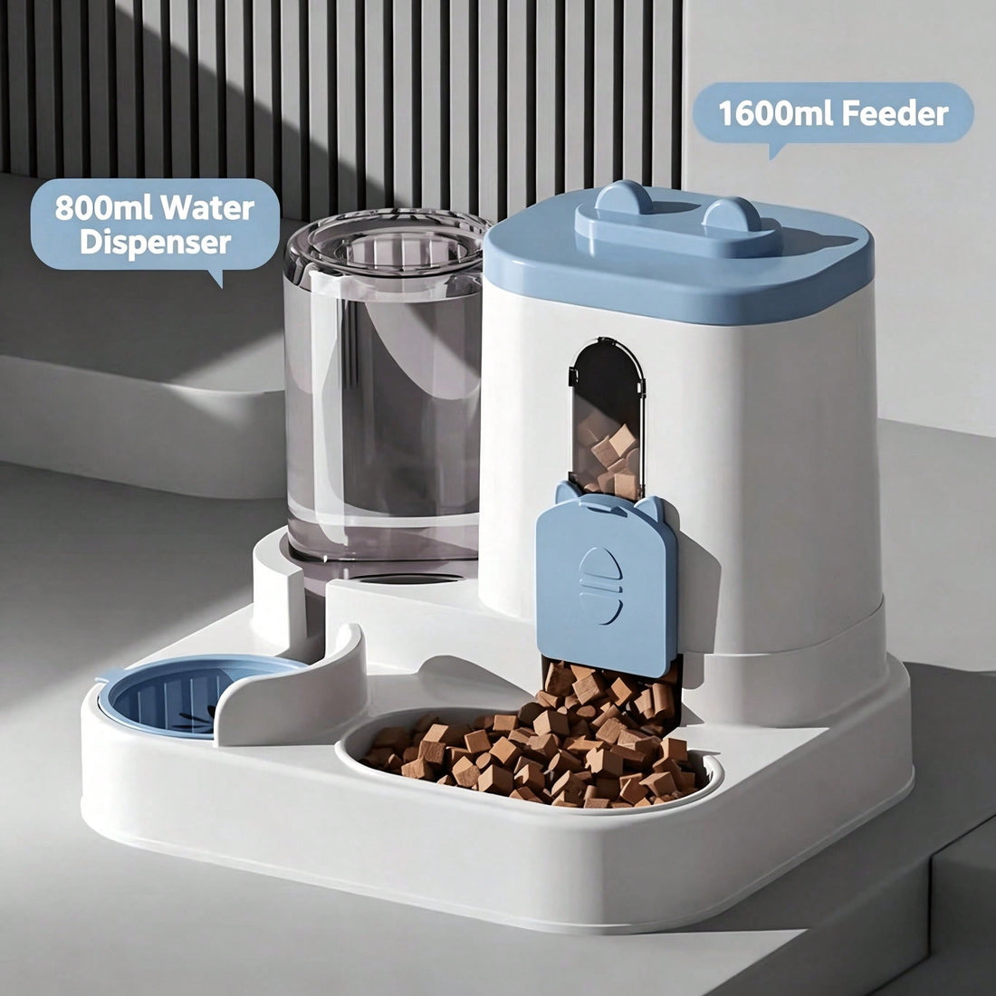 Blue gravity cat feeder and water station