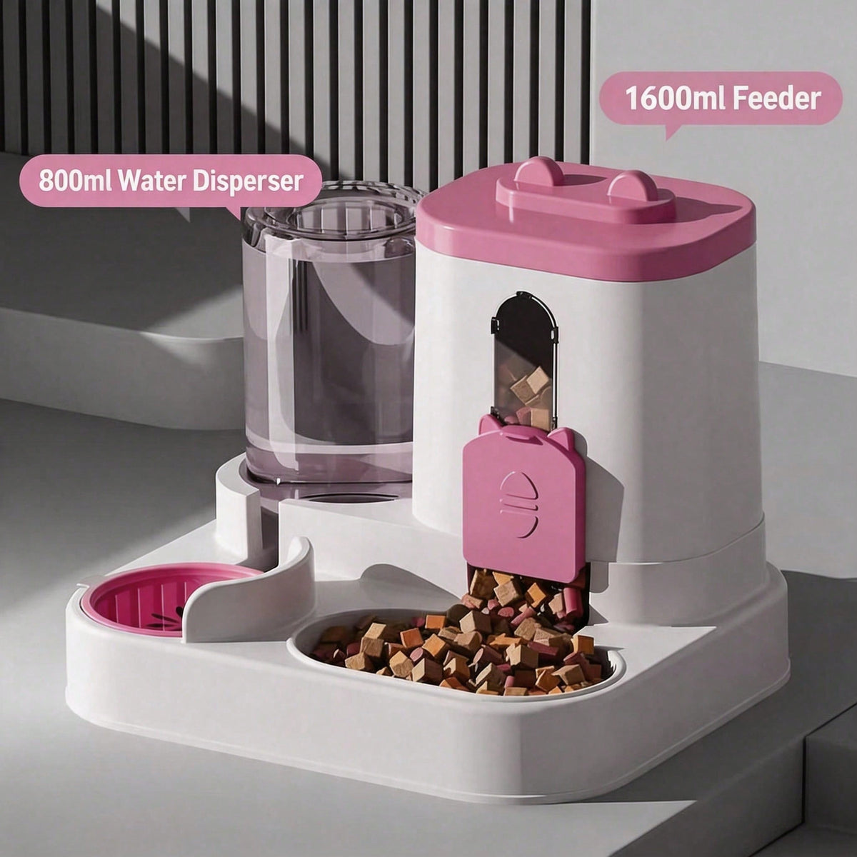 Pink gravity cat feeder and water station