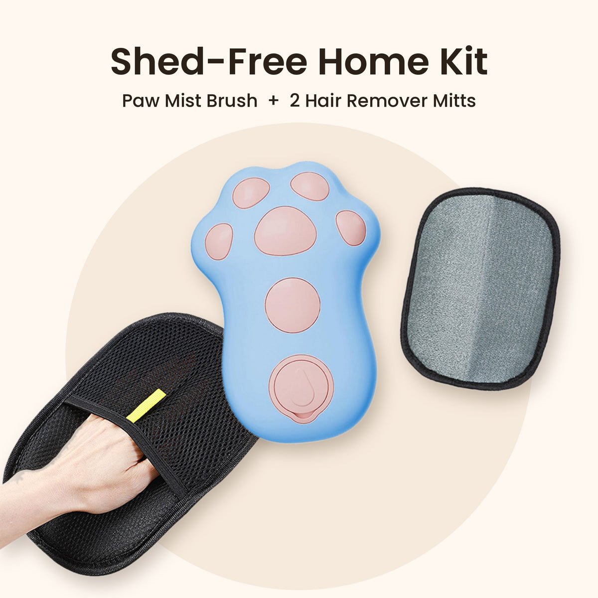 Shed-Free Home Kit: Paw Mist brush with two pet hair remover mitts